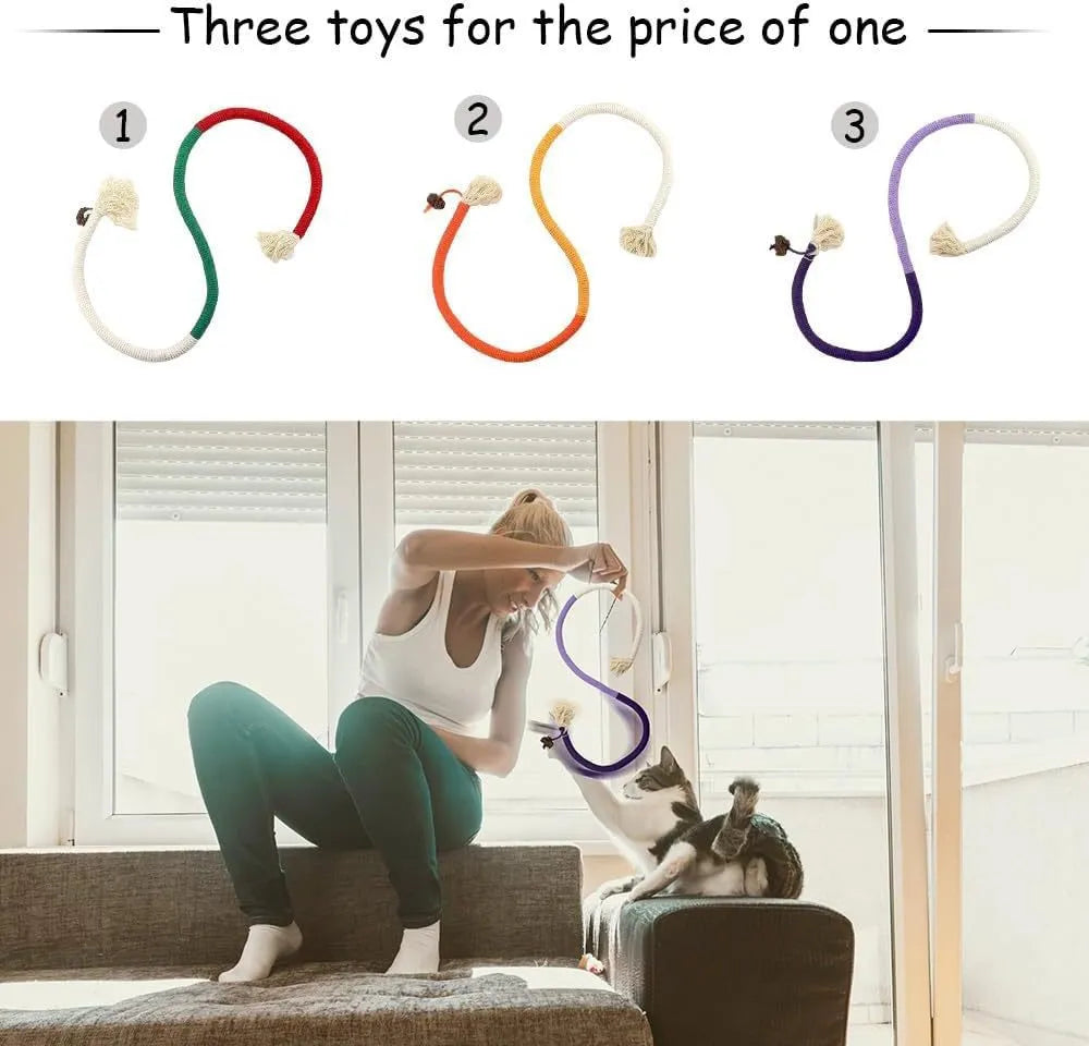 70cm long cotton cat bite rope toy in three colours: purple, orange, and red with green.