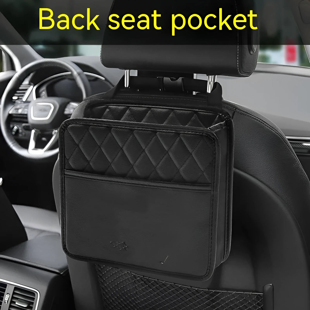 Black hanging leather car trash can with strap, shown mounted on a car seat.