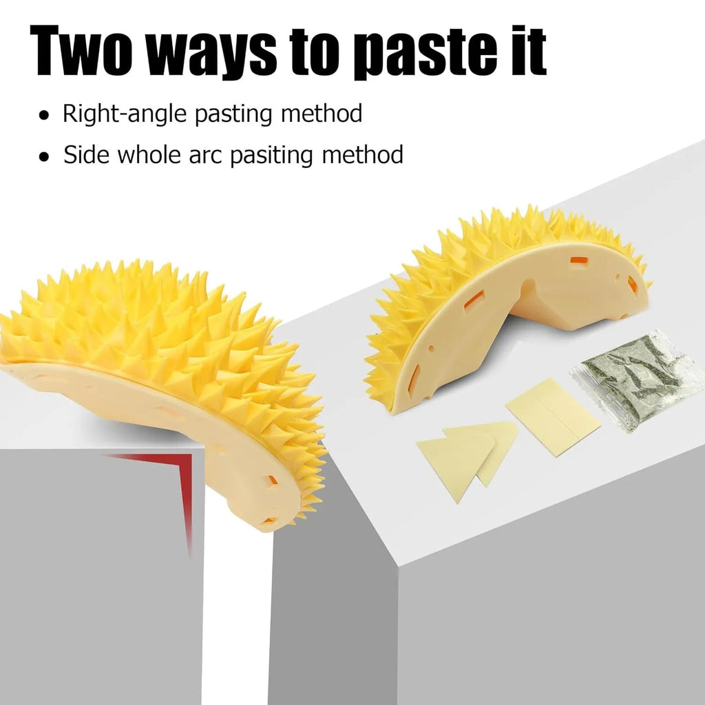 Yellow durian shaped cat corner scratcher with textured massage comb surface