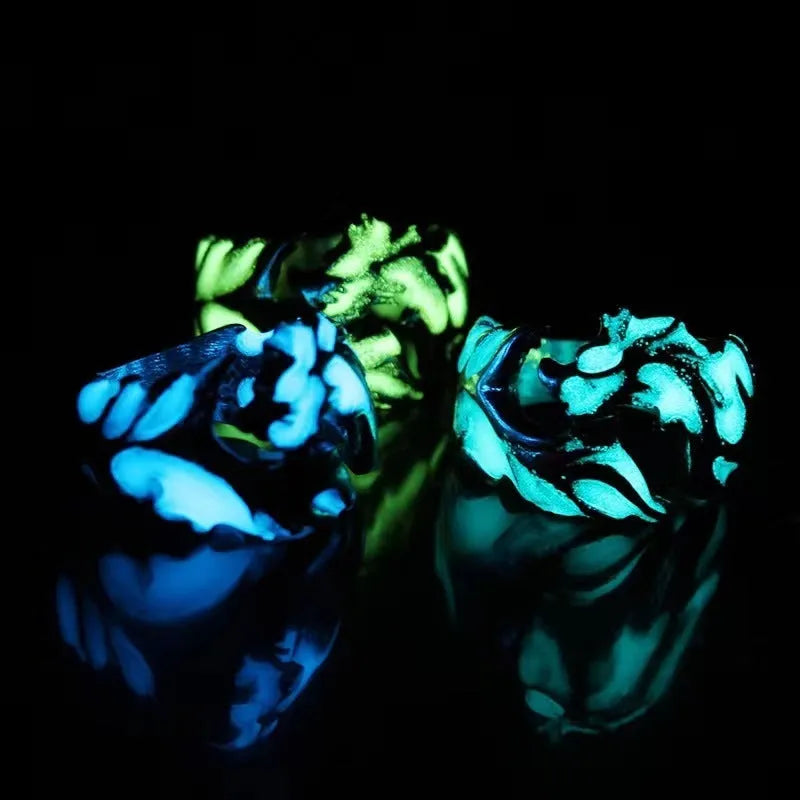 Chinese style adjustable ring with luminous dragon pattern in antique silver blue and green electroplated finish