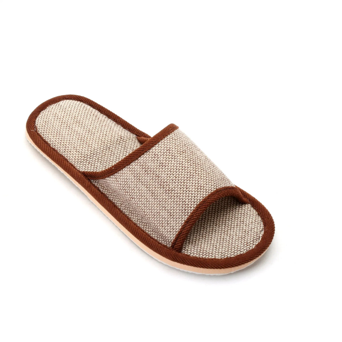 Women's open toe linen slippers with thickened sole, shown in a light brown colour variant