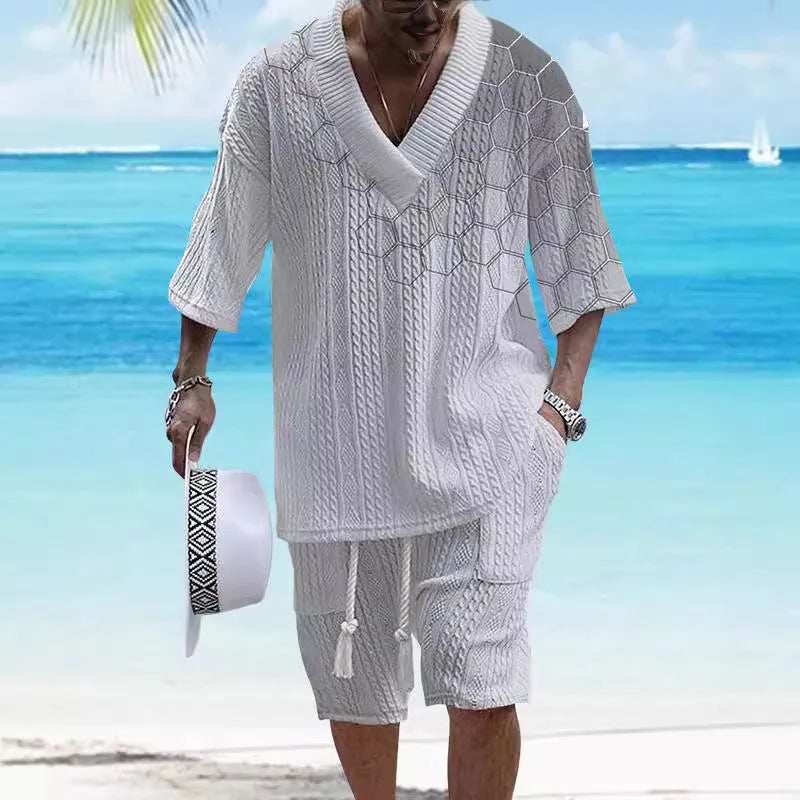 Men's printed drop-shoulder knitted top and shorts suit set in a grey colour.