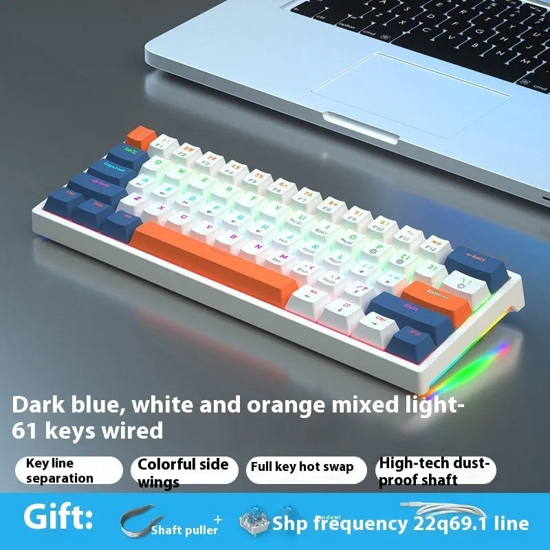 61 key compact mechanical keyboard with multiple colour options including blue-white and dark blue-white orange variants