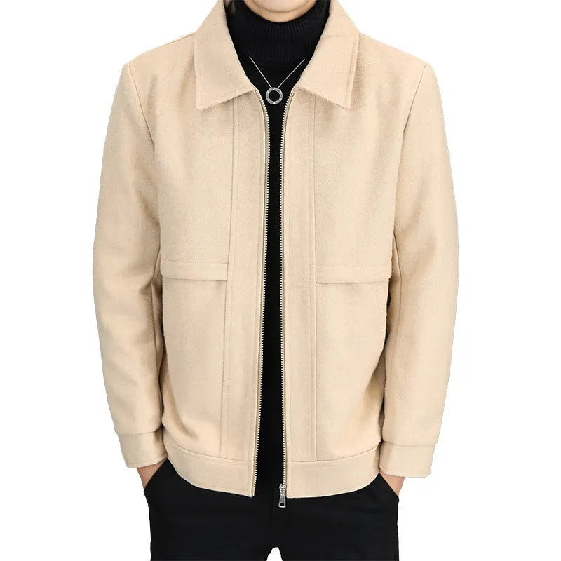 Men's khaki polo collar casual jacket with side seam pockets on a hanger