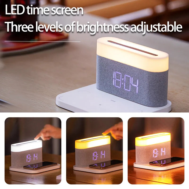 Black and white wireless charging desktop clock with integrated night light and digital display