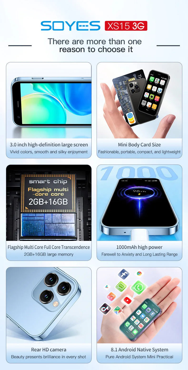 S23PRO XS15 mini smartphone with 3-inch screen in black, green, or pink purple colour options