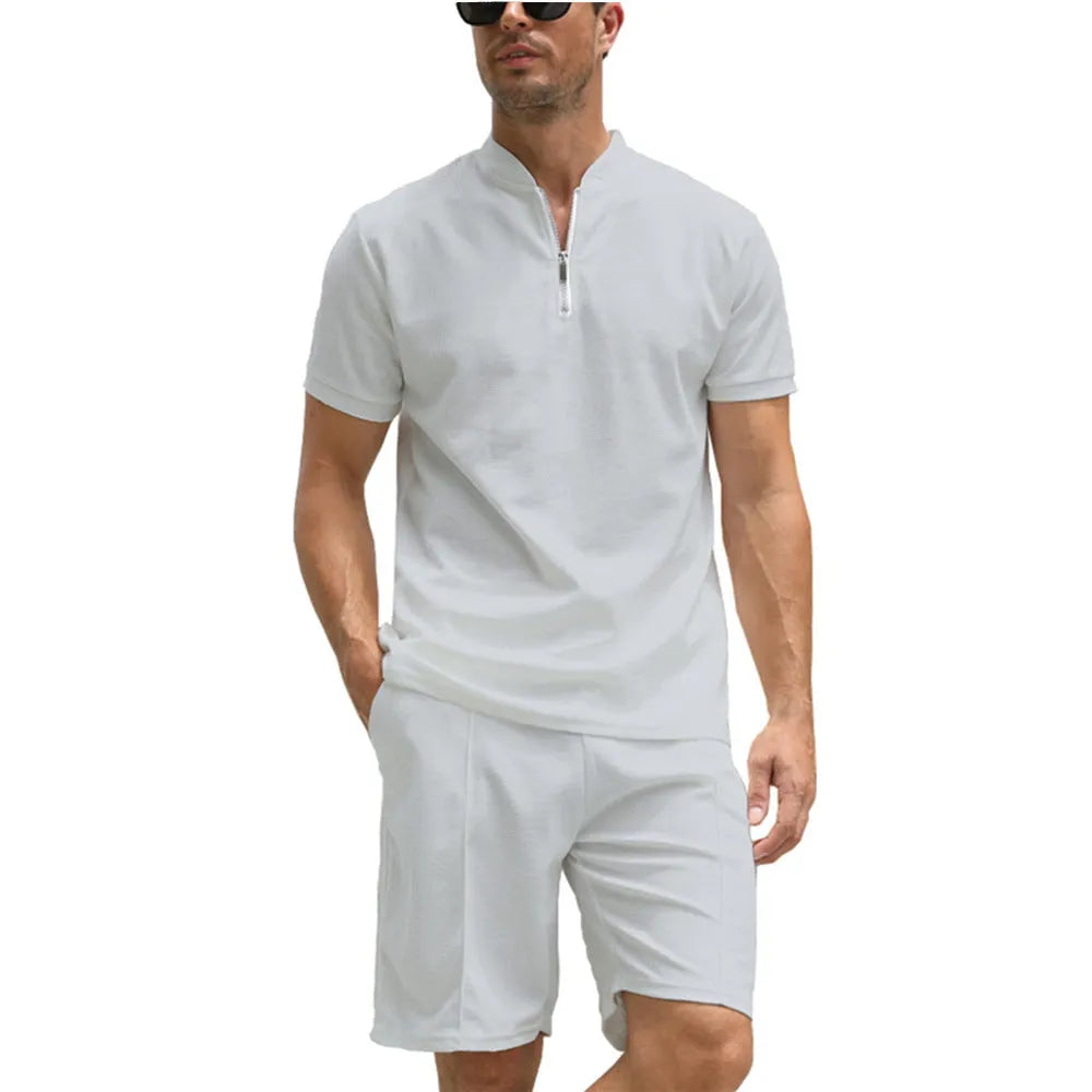 Men's solid colour polo shirt and trousers two-piece suit set on a hanger