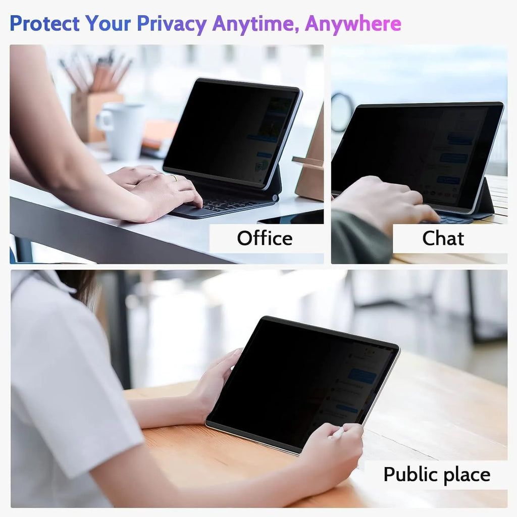 Magnetic suction privacy screen protector film for iPad with paper-like finish and storage clip.