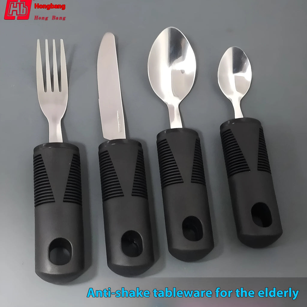 Stainless steel anti-shake tableware set with rubber handle for elderly food aid