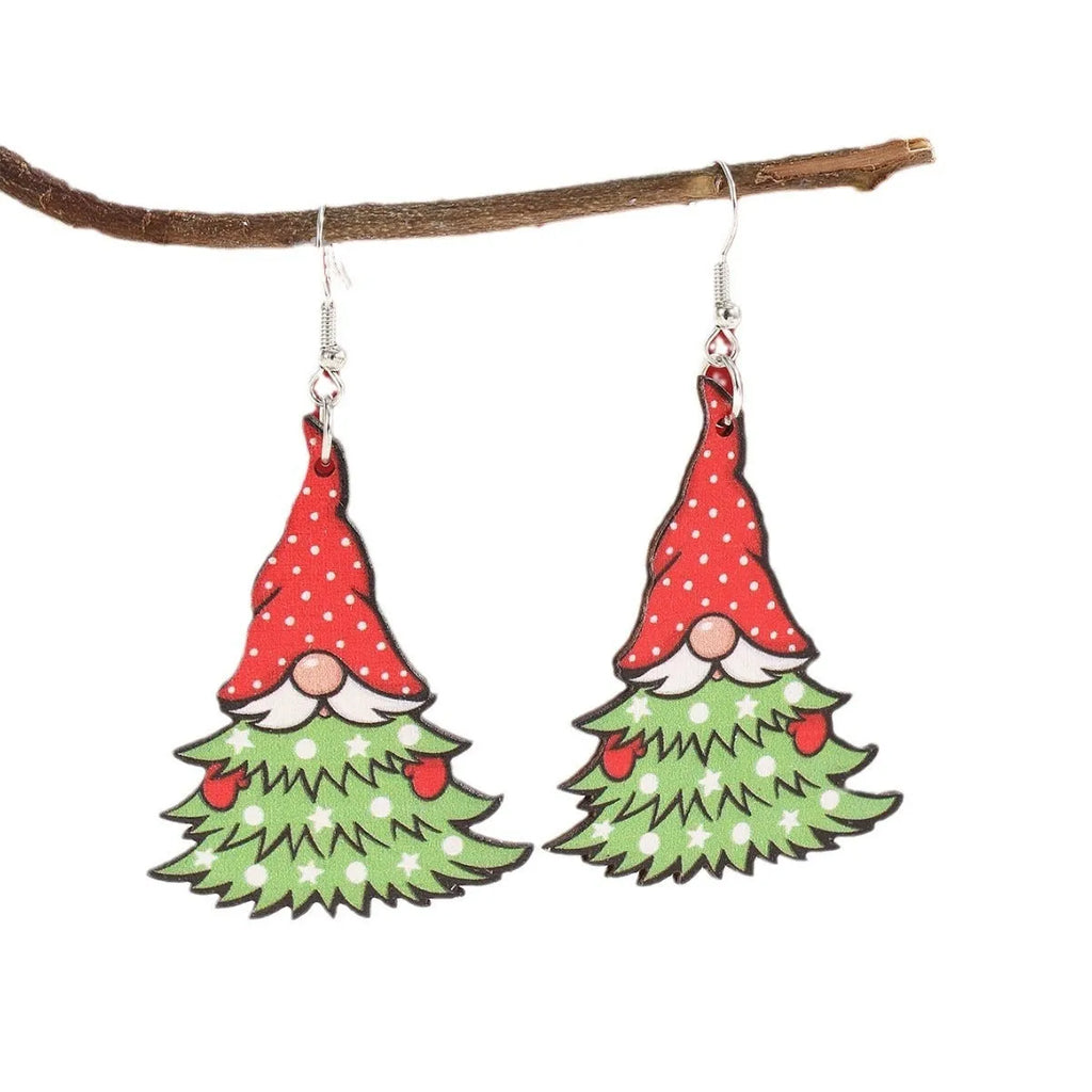 Wooden Christmas earrings with printed geometric Santa Claus designs in Christmas tree and water drop snowman styles