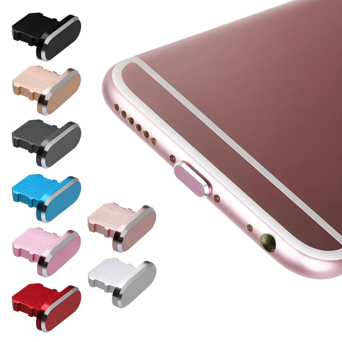 Aluminium alloy dust plug for iPhone charging port in various colours including gold and rose gold.