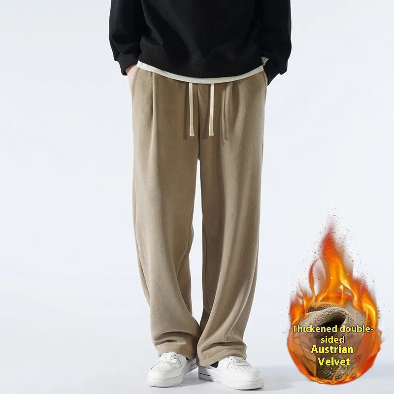 Men's double-sided polar fleece winter trousers in apricot colour with Korean-style loose fit