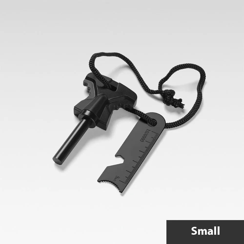 Stainless steel butterfly-shaped fire starter with integrated bottle opener, shown with dimensions.