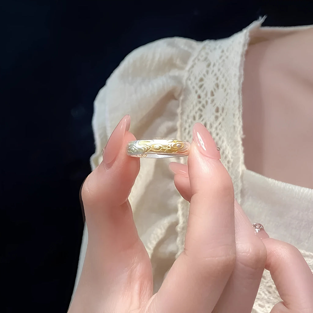 Adjustable open mouth ring with Xiangyun pattern in gold electroplated finish