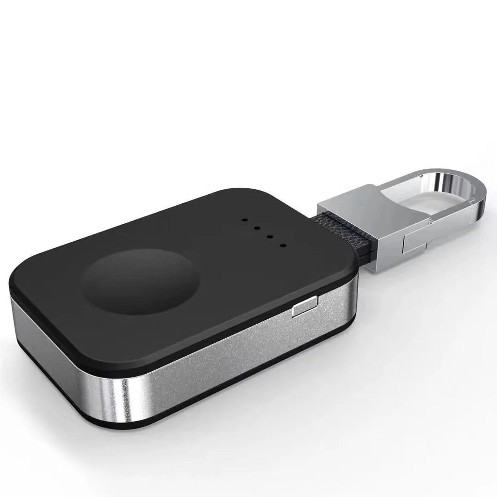 Black Apple Watch wireless charging power bank with keychain attachment for portable use