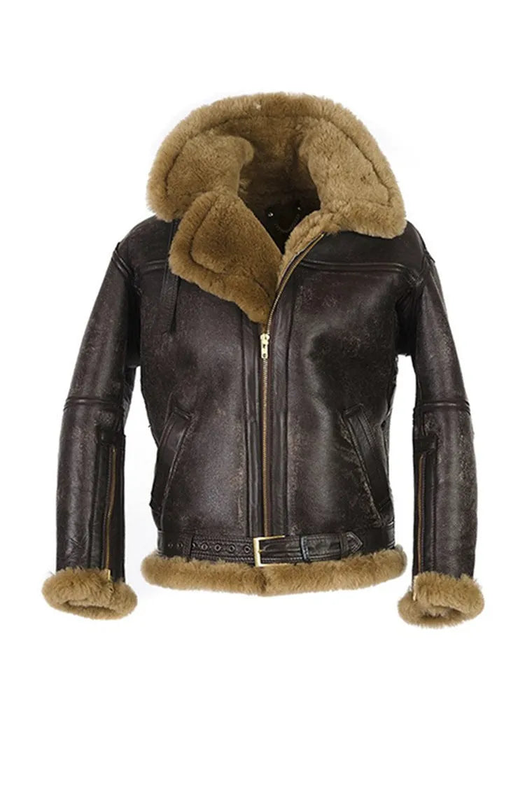 Men's brown retro synthetic leather fur coat with straight hem and side pockets