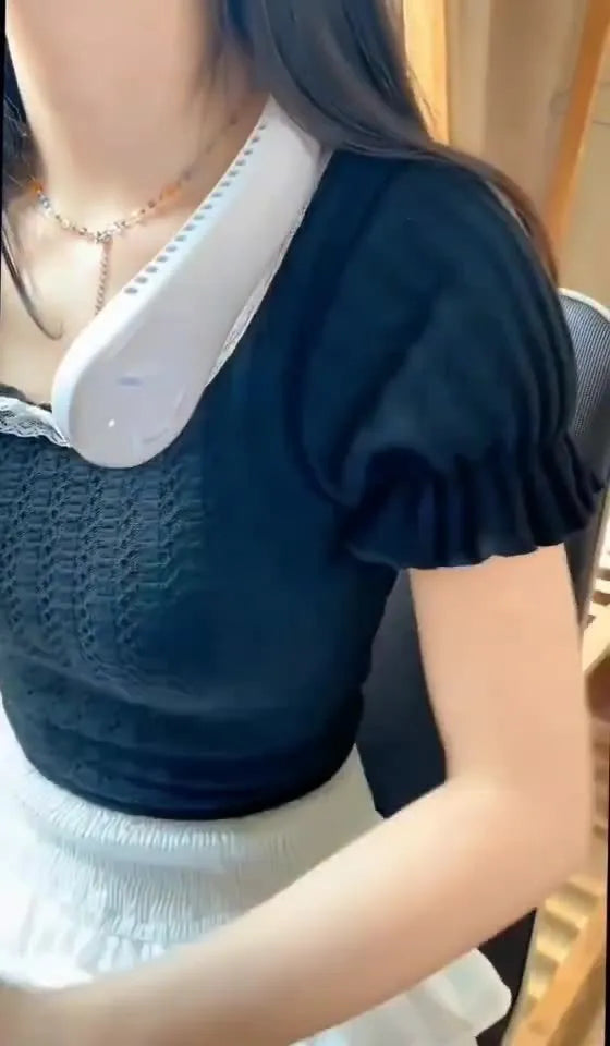 White USB charging portable bladeless neck fan showing flexible neckband and streamlined airflow outlet