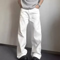Men's white straight-leg cotton jeans with a mid-rise waist and zipper fly