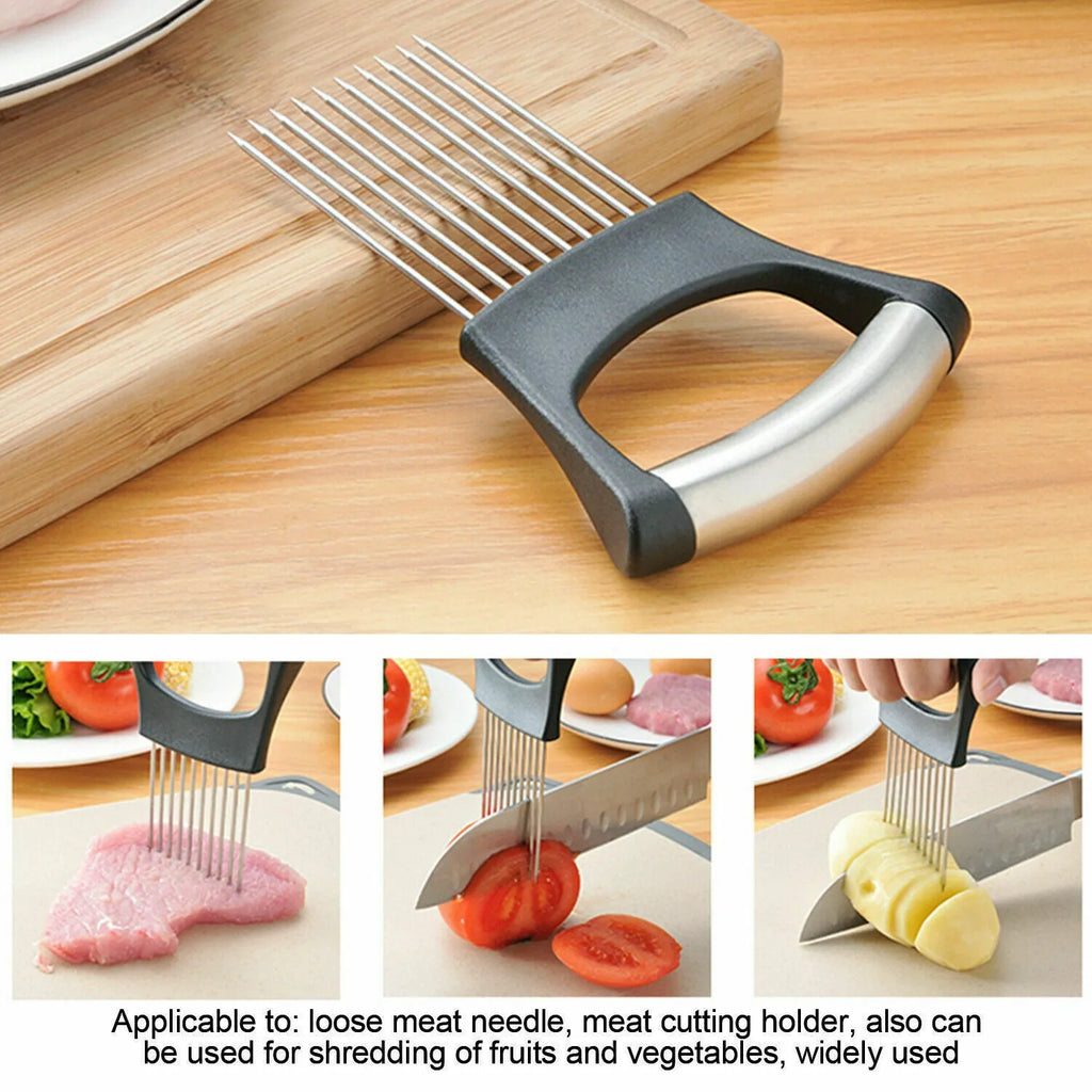 Stainless steel and ABS food slicer holder for onions and tomatoes, showing comfortable handle.