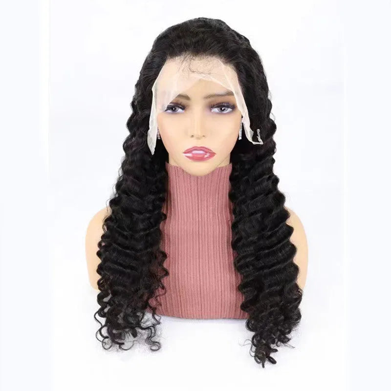 Solid colour half lace human hair wig showing natural hairline, available in lengths from 18 to 34 inches.
