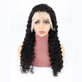 Solid colour half lace human hair wig showing natural hairline, available in lengths from 18 to 34 inches.