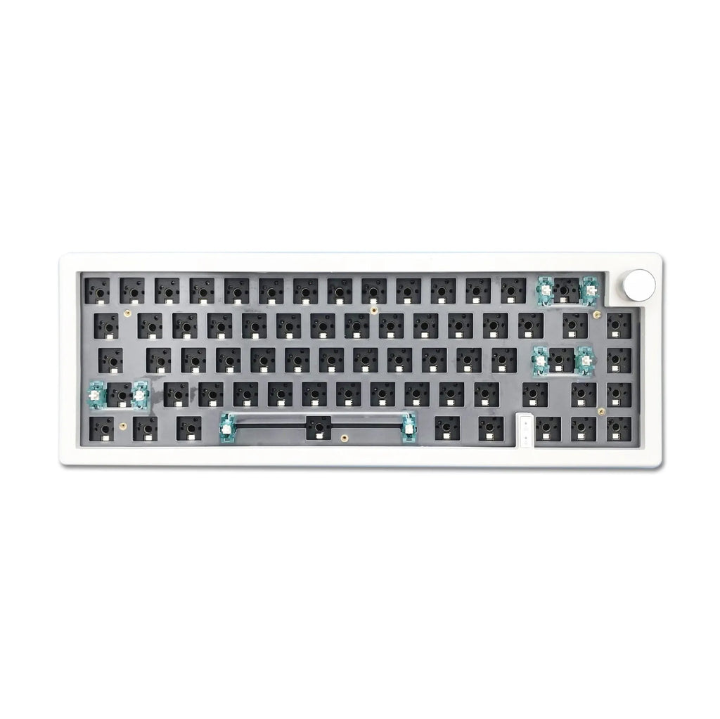 DIY mechanical keyboard kit components showing ABS housing, RGB backlit keys, and colour options