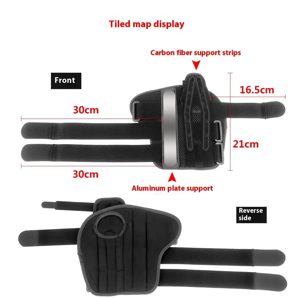 Black sports wrist guard with carbon fibre panel and grey thumb strap for left hand support