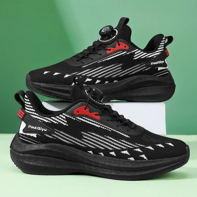 Men's white and green running shoes with rotating buckle and mesh upper on a flat TPU sole.