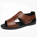 Men's black and brown casual leather sandals with open toe and rubber sole.