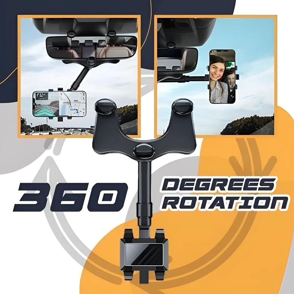 Black rearview mirror car phone holder with telescopic arm and four-claw phone grip, shown in a vehicle.
