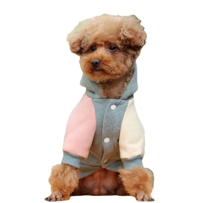 Brown cotton dog sweatshirt shown on a mannequin, with green and pink colour variants visible.