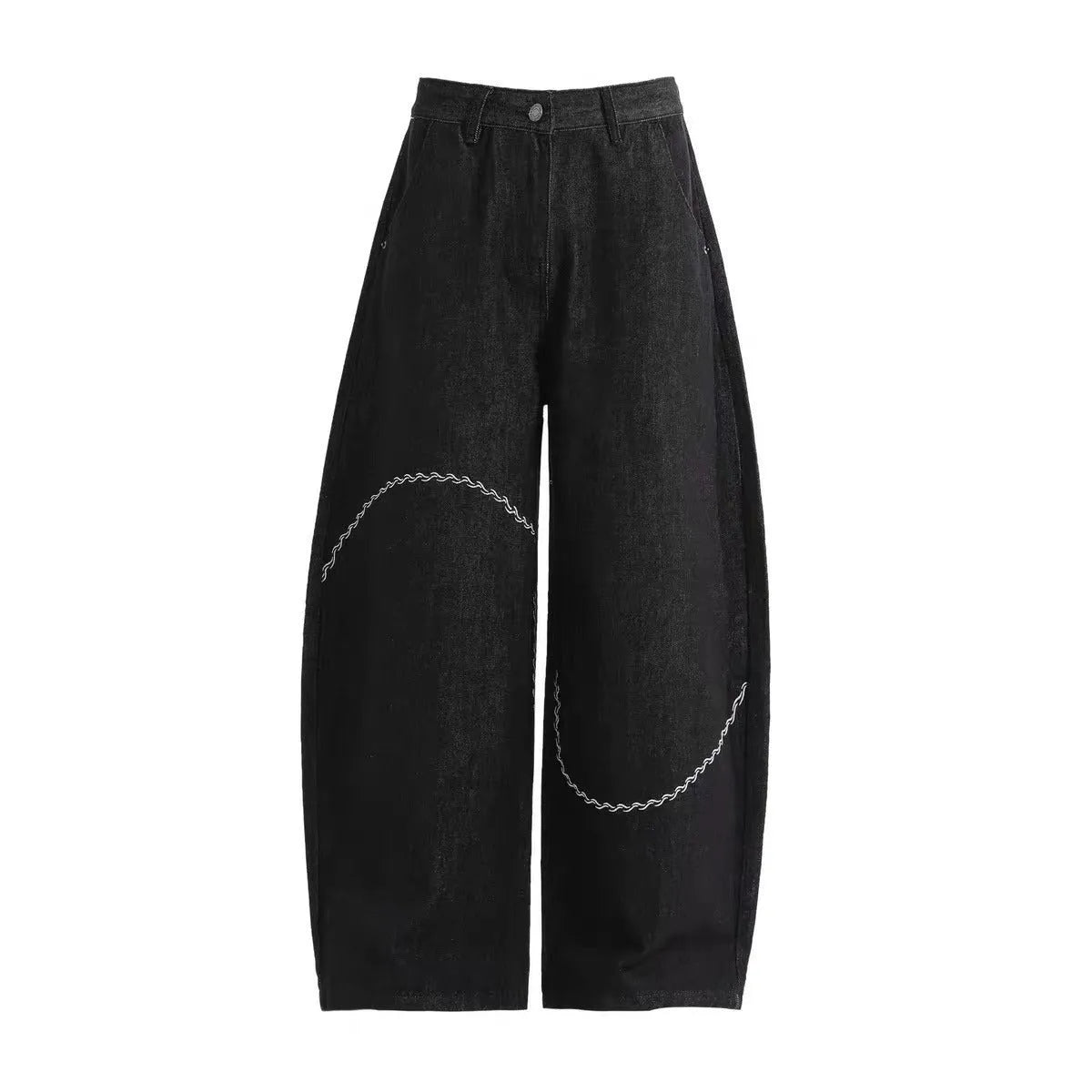 Black straight-leg denim trousers with a mid-waist and zip fly on a plain background.
