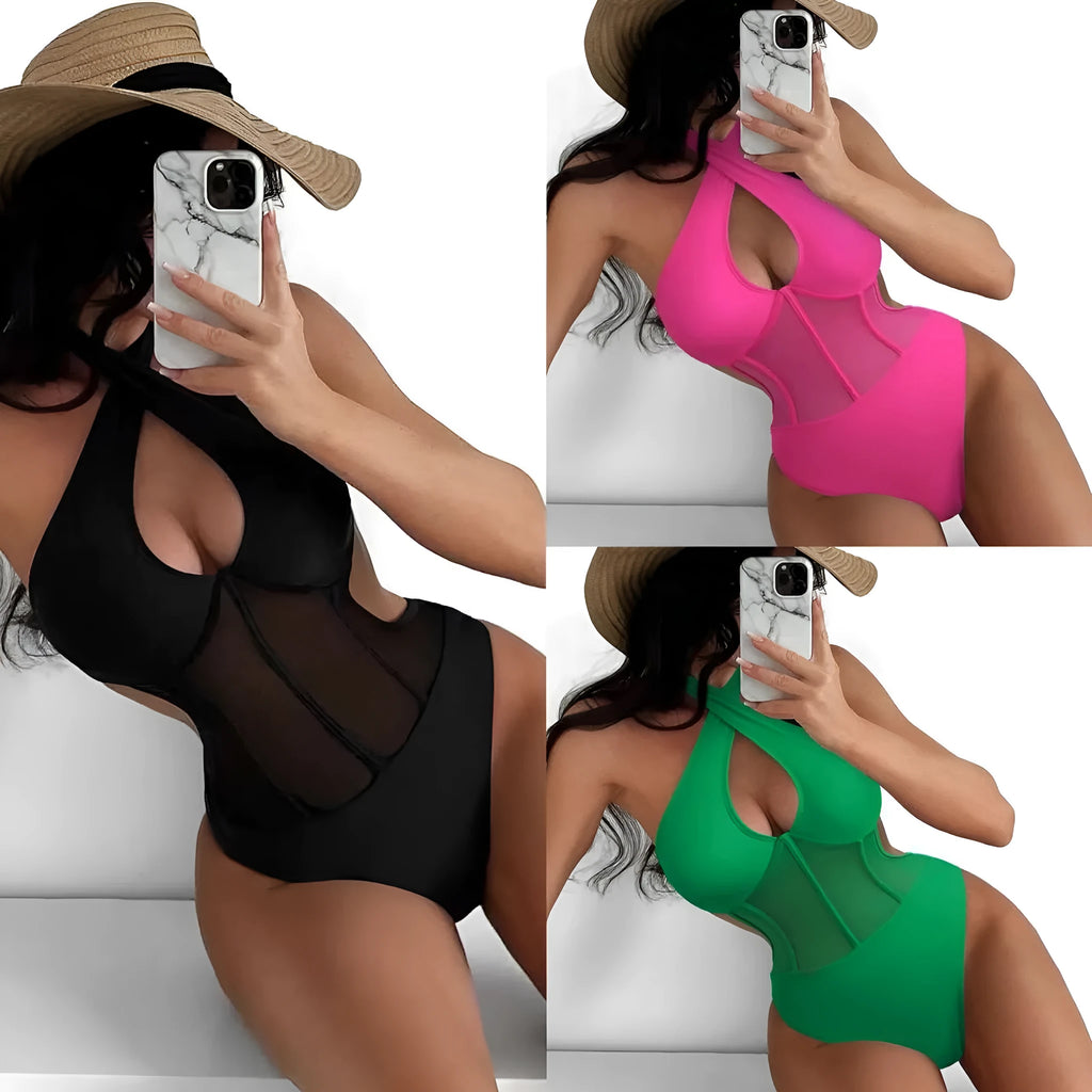 Women's black spun yarn one-piece swimsuit bikini on a mannequin