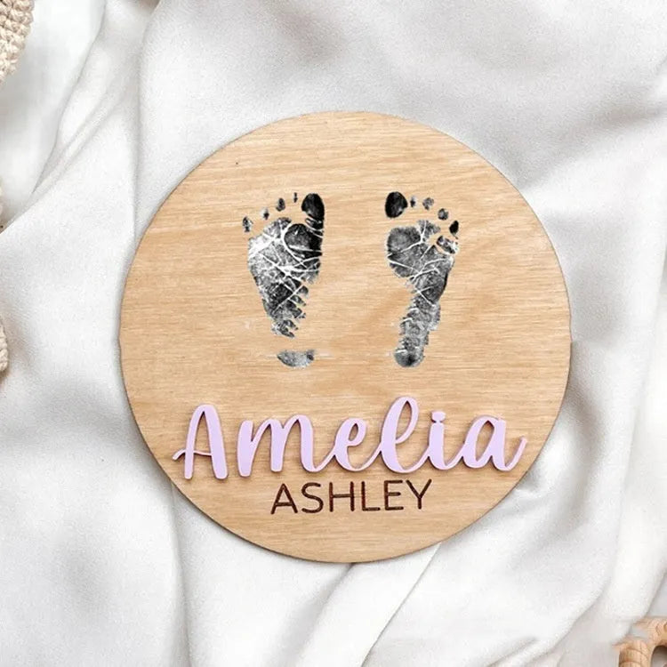 Brown limewood baby birth announcement board in a modern art style, available in sizes from 102mm to 203mm.