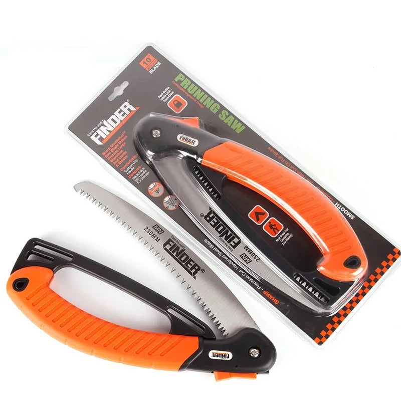 9 inch folding garden hand saw with TPR handle and metal blade shown open and closed.