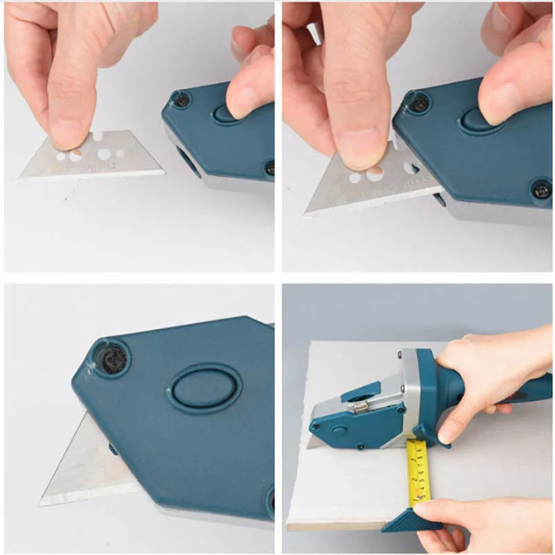 Blue multifunctional woodworking cutter with aluminium alloy body and measurement scale.