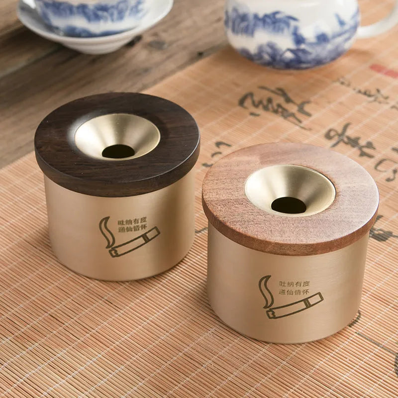 Retro brass ashtray with copper body and black or rosewood wooden lid featuring a middle hole design for living room use