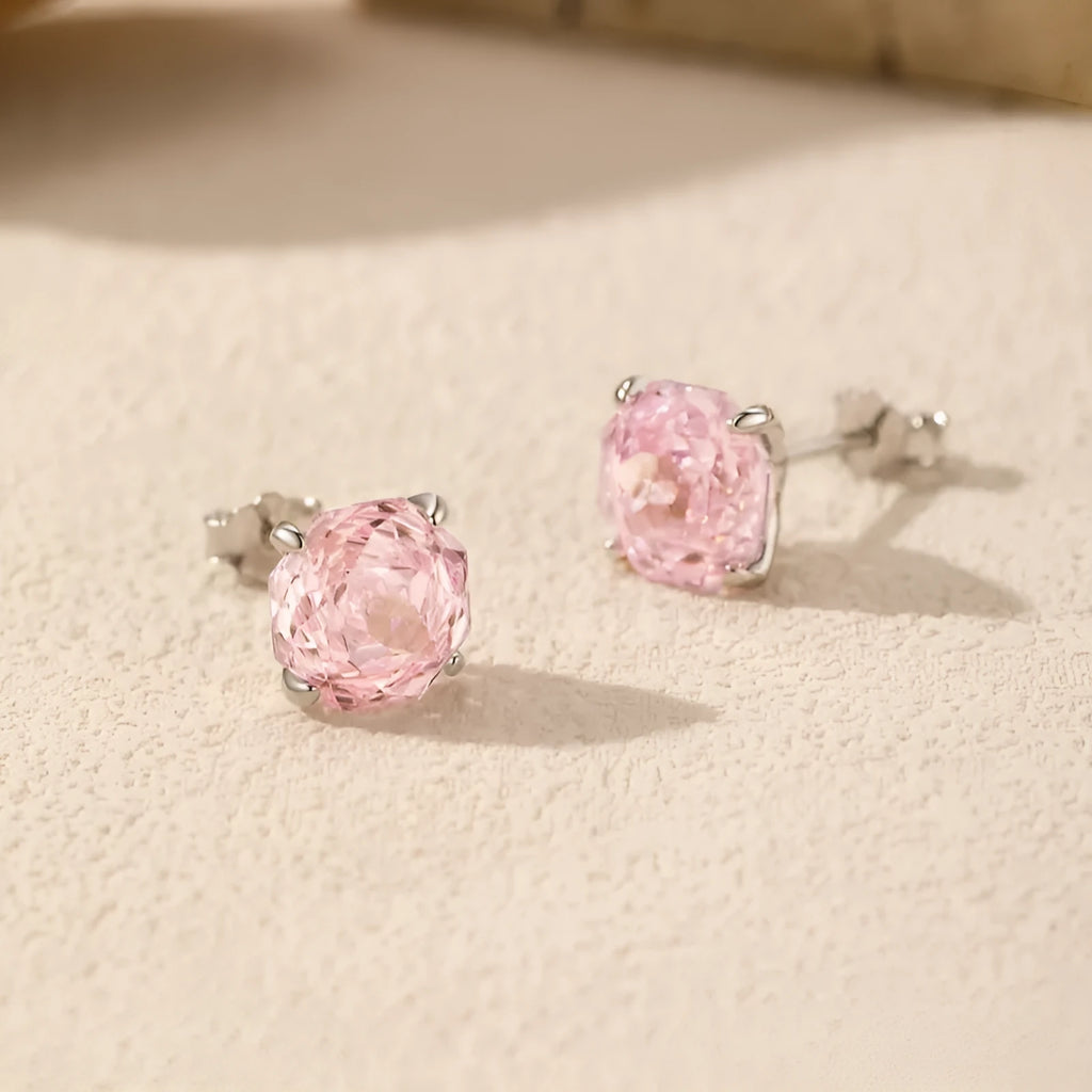 S925 sterling silver rose stud earrings in 6mm and 8mm sizes with pink floral design