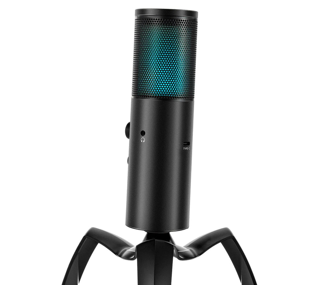 Black Q18 USB condenser microphone with RGB lighting on adjustable tripod mount