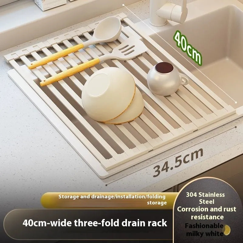 Milky white 304 stainless steel foldable kitchen draining rack