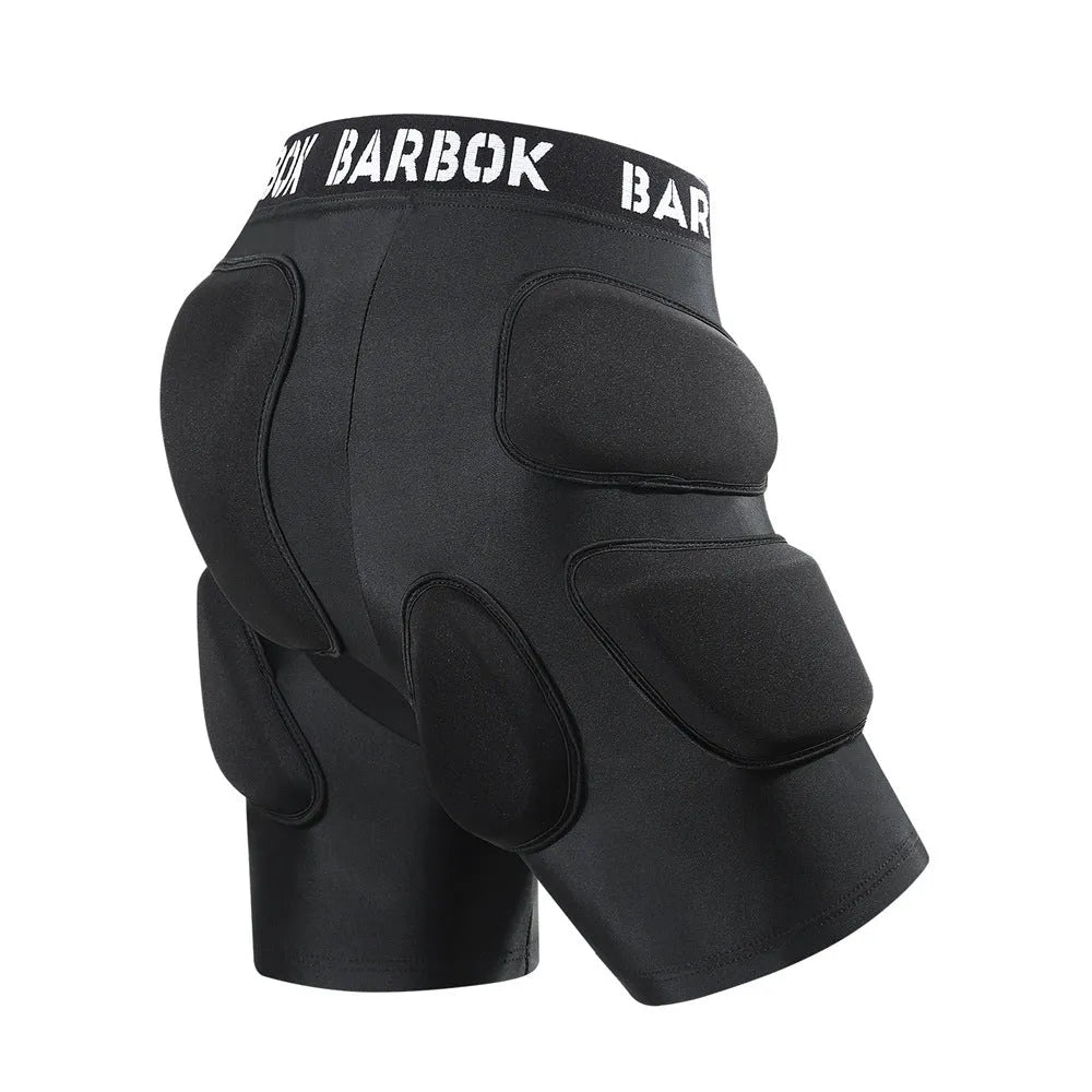 Black BA103 protective hip pad with elastic leg straps for roller skating and skateboarding safety.