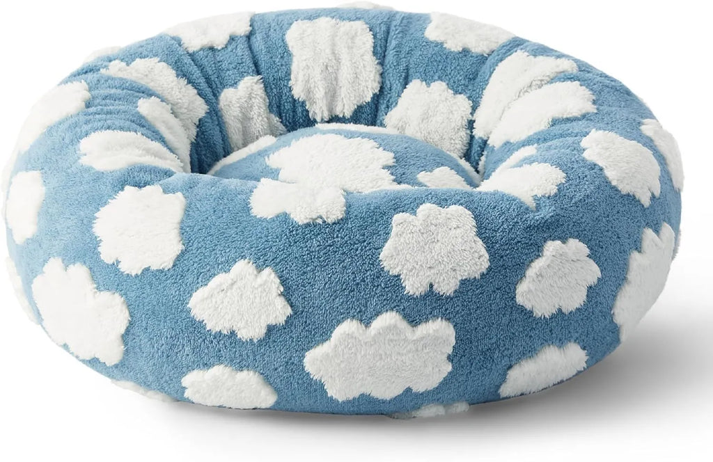 Round plastic dog bed with plaid pattern cover in sea blue white colour combination