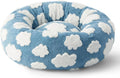 Round plastic dog bed with plaid pattern cover in sea blue white colour combination