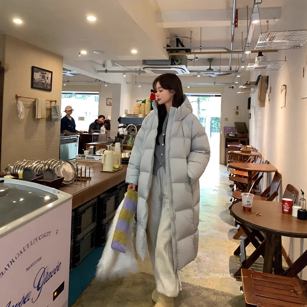 Women's mid-length padded puffer coat, over-the-knee modal fibre with white duck down, light blue black beige