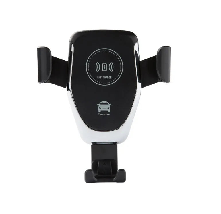 Black wireless car charger mounted on vehicle vent with iPhone automatically clamped in charging position