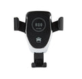 Black wireless car charger mounted on vehicle vent with iPhone automatically clamped in charging position