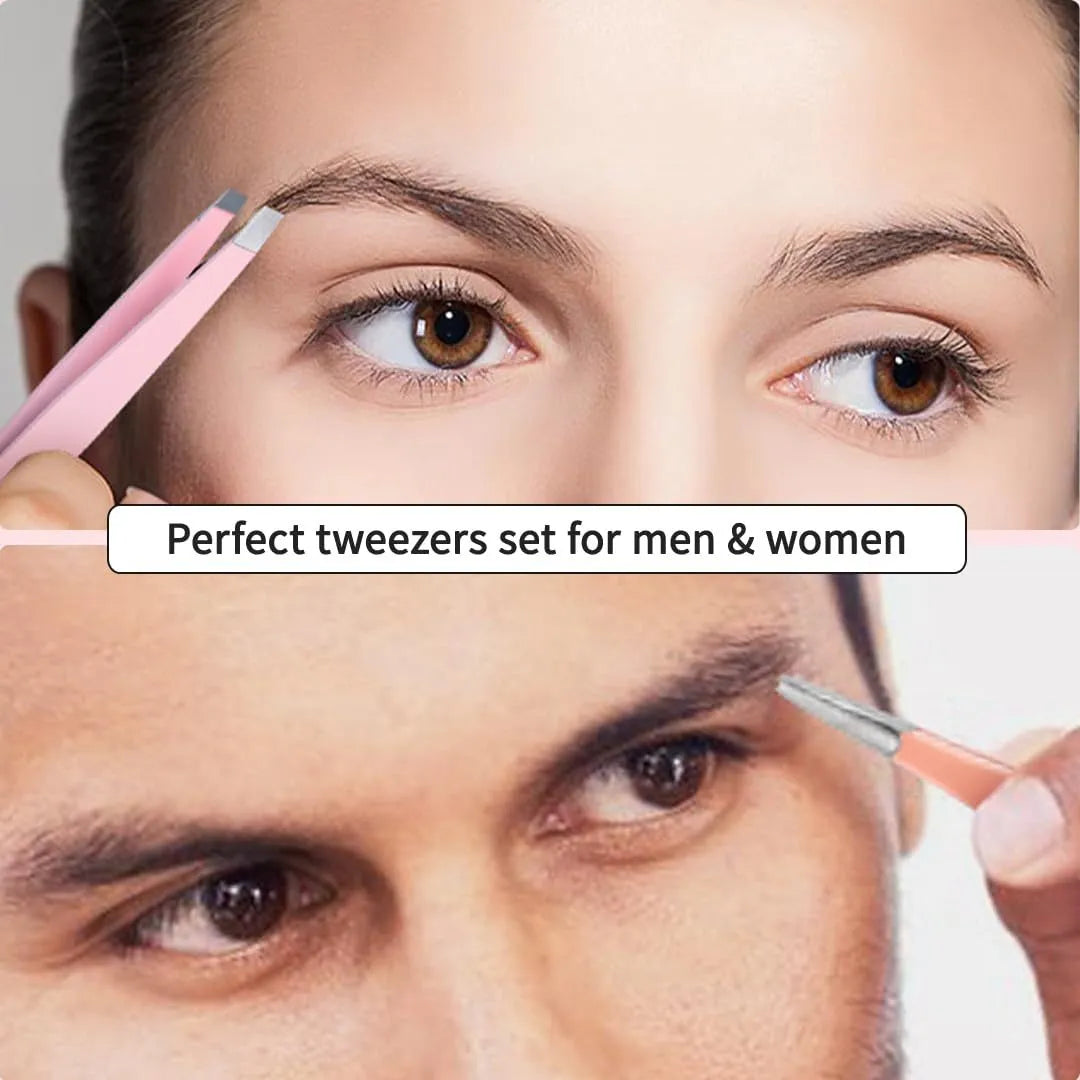 Professional 6 piece stainless steel eyebrow tweezers set with curved scissors and leather case