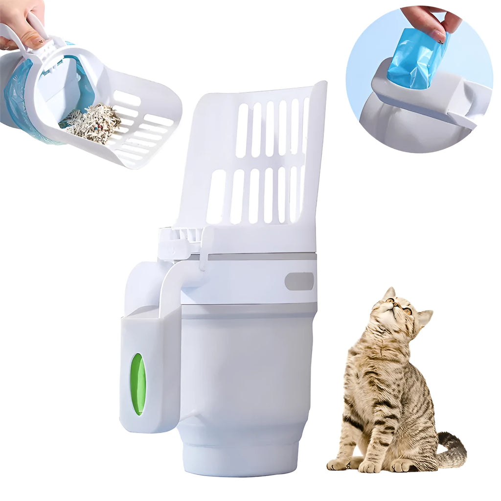 Grey, blue, and green cat litter scoop with integrated waste bin and sheltered lid.