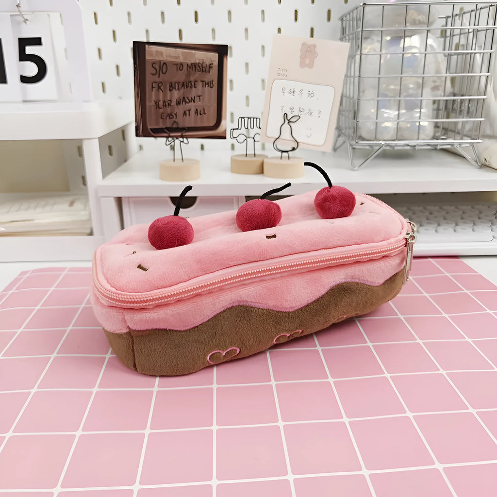 Cherry Cake plush pattern velvet pencil bag in Korean style design