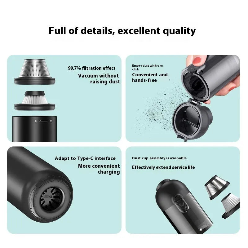 Wireless handheld vacuum and dust blower in black, silver or green with five attachments and data cable